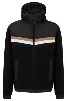 Hugo Boss Mixed-material Zip-up Hoodie With Signature-stripe Detail In Black