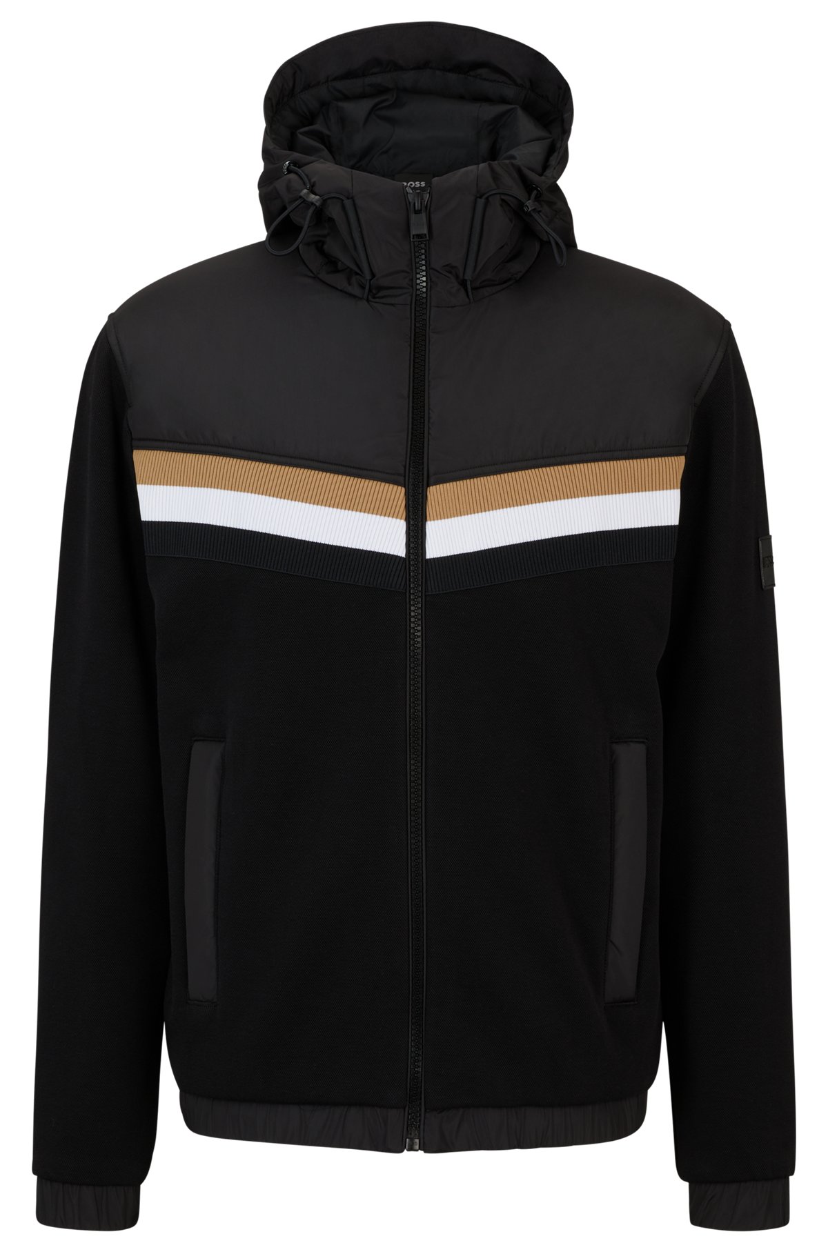 BOSS - Mixed-material zip-up hoodie with signature-stripe detail - Black BOSS - Mixed-material zip-up hoodie with signature-stripe detail - Black