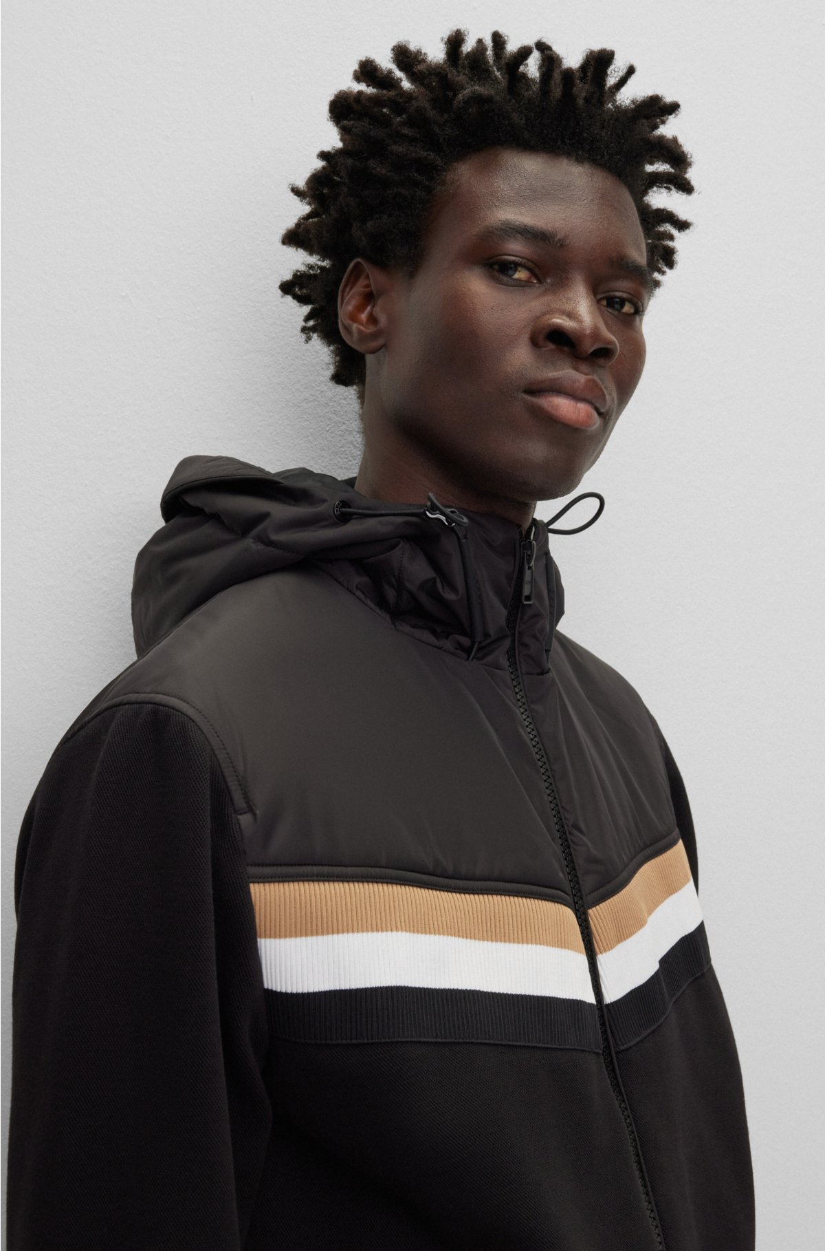 BOSS - Mixed-material zip-up hoodie with signature-stripe detail
