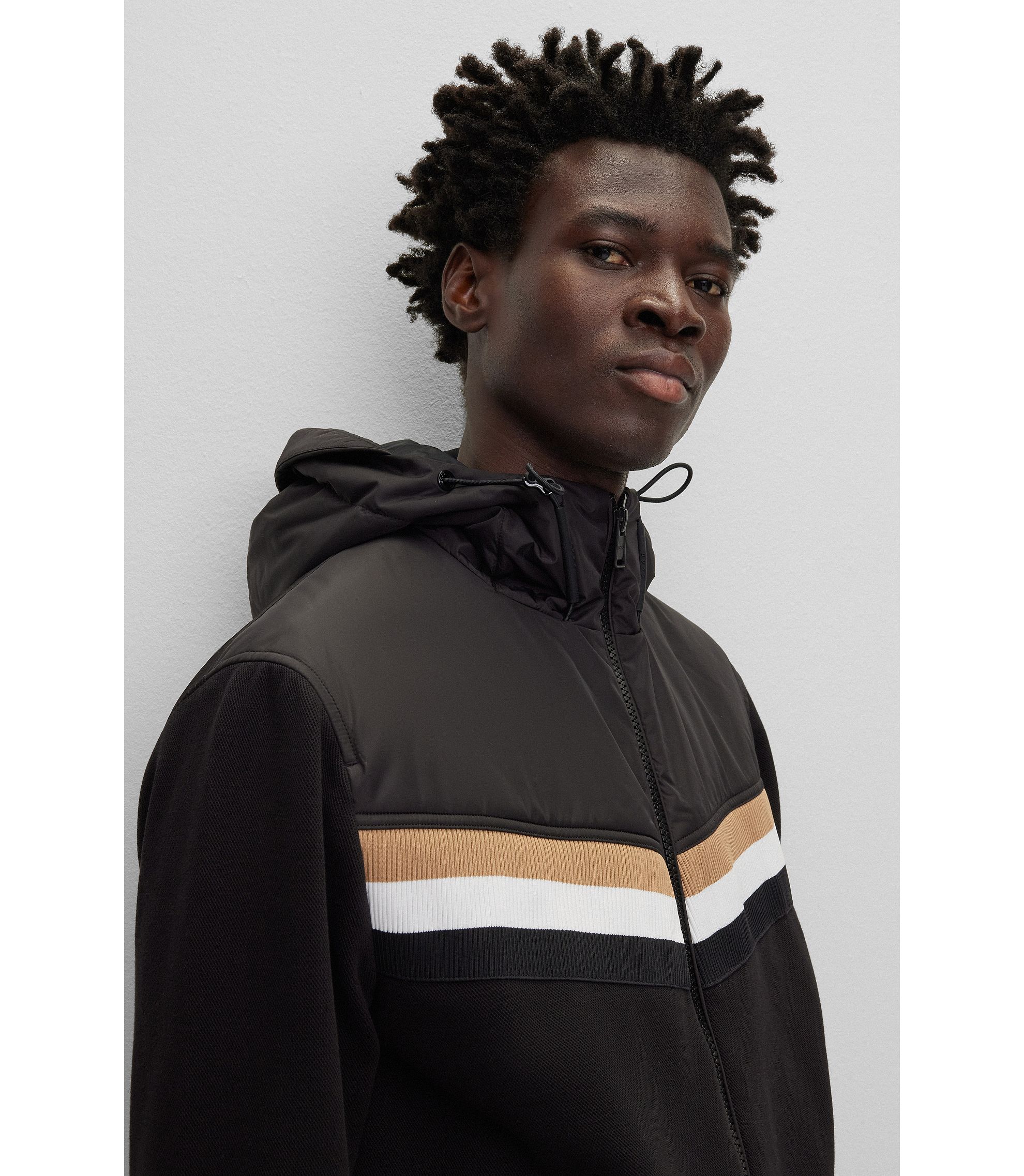 BOSS - Mixed-material zip-up hoodie with signature-stripe BOSS - Mixed-material zip-up hoodie with signature-stripe
