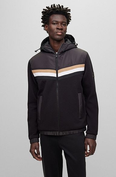 Mixed-material zip-up hoodie with signature-stripe detail, Black