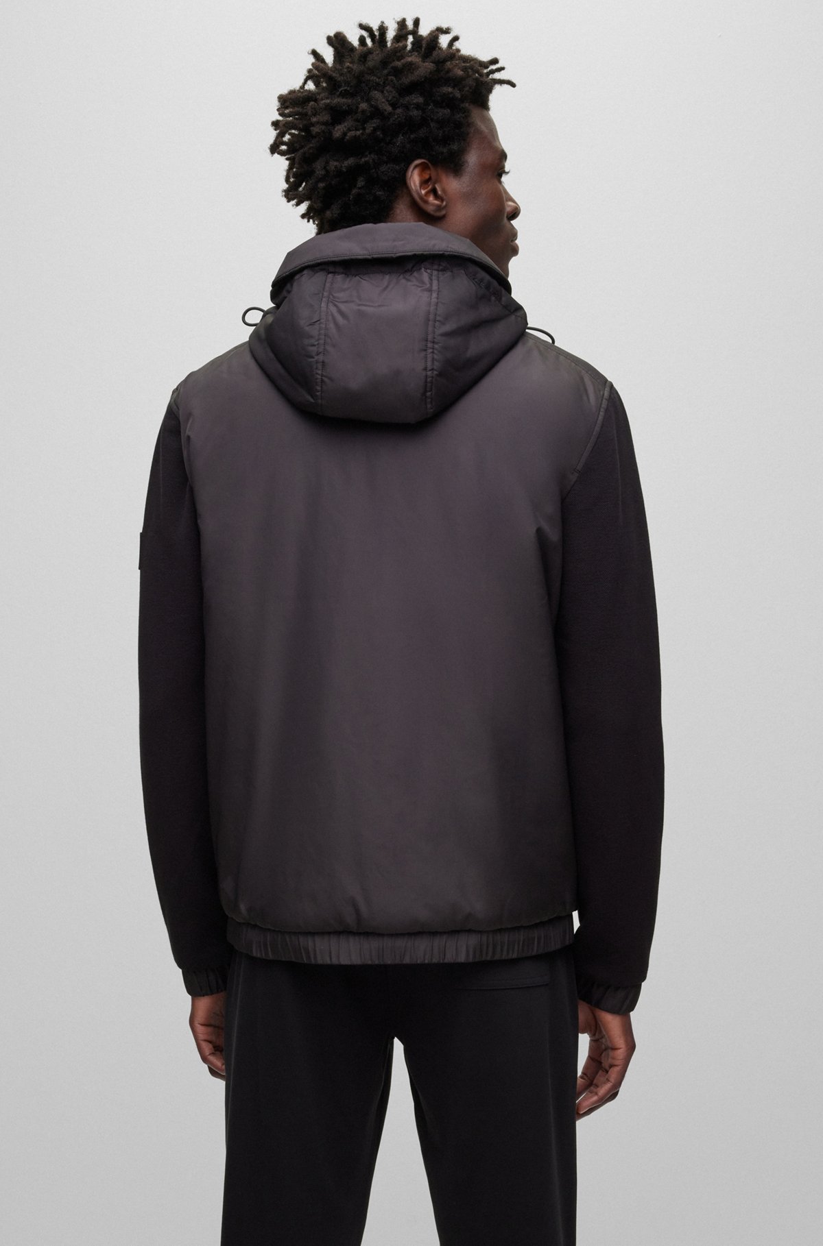 BOSS - Mixed-material zip-up hoodie with signature-stripe BOSS - Mixed-material zip-up hoodie with signature-stripe