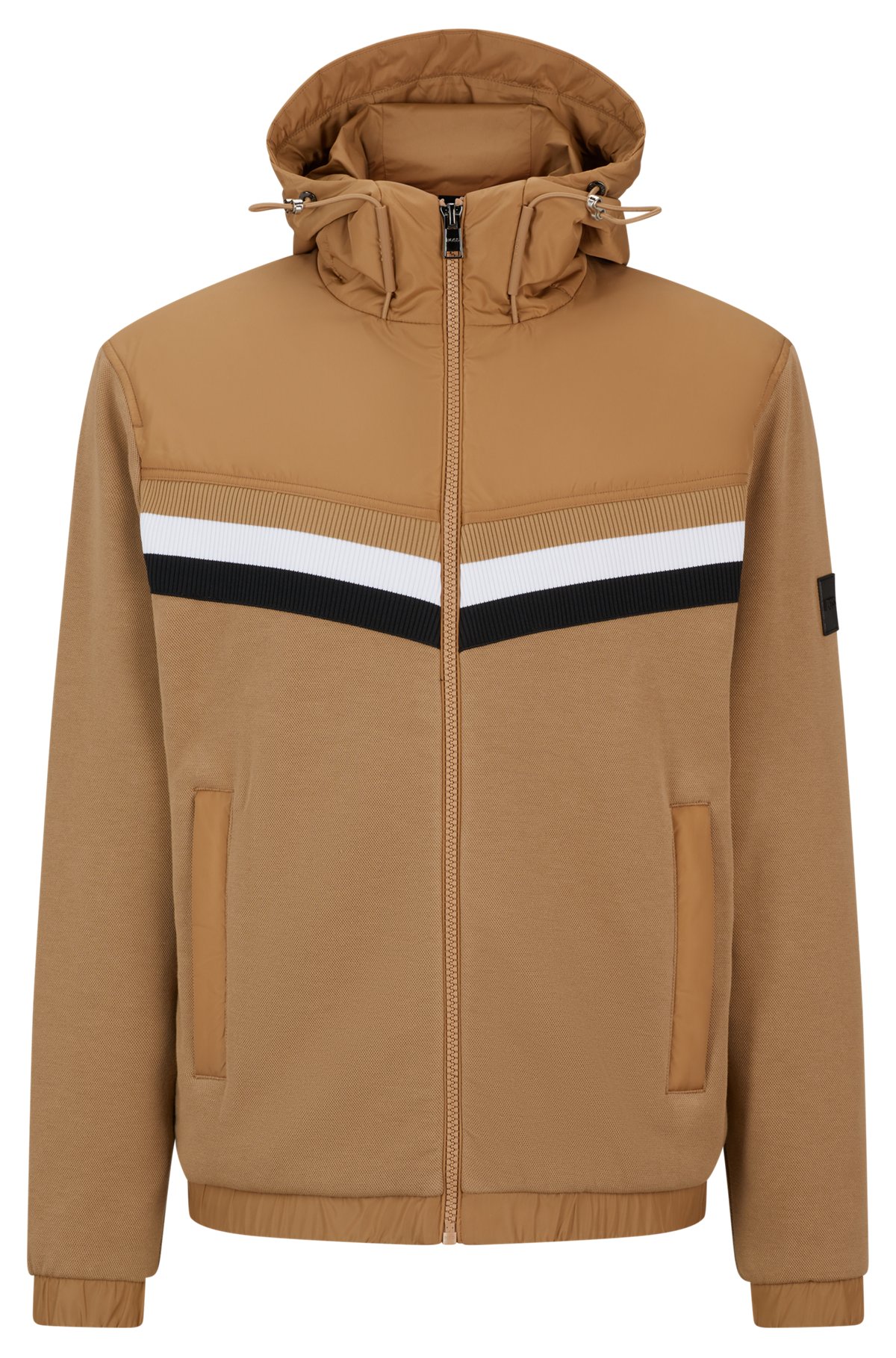 Mixed-material zip-up hoodie with signature-stripe detail, Beige