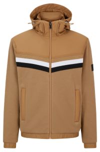 Mixed-material zip-up hoodie with signature-stripe detail, Beige