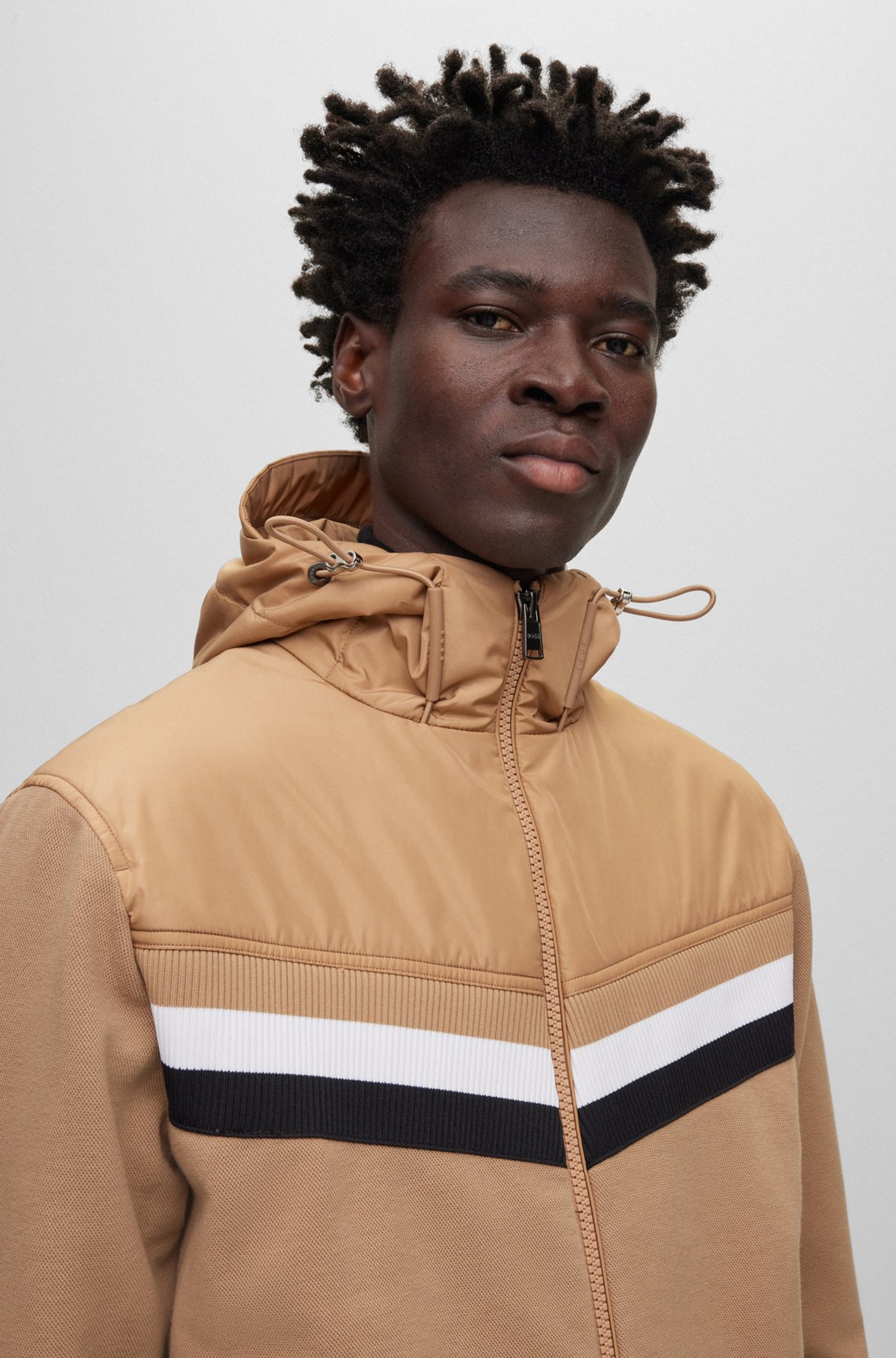 Mixed-material zip-up hoodie with signature-stripe detail, Beige