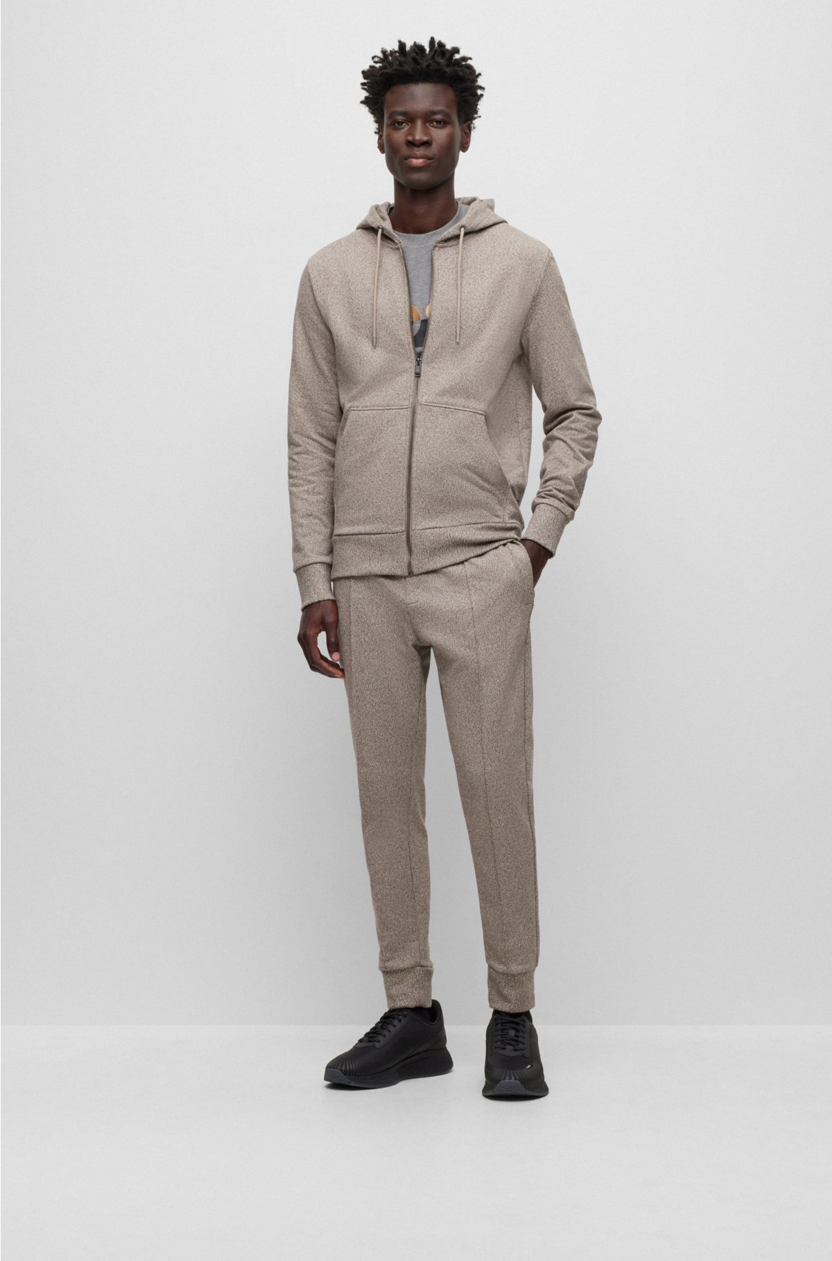 Regular-fit zip-up hoodie in mouliné French terry, Beige