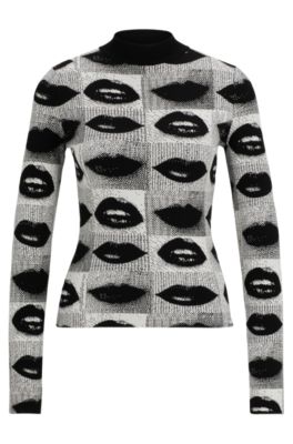 Hugo Mock-neck Sweater With Lips Jacquard In Patterned