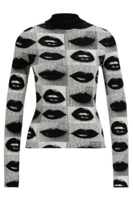 Jersey de cuello medio con estampado de labios en jacquard, Fantas&iacute;a