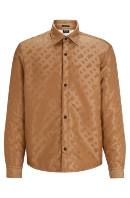 Hugo Boss Relaxed-fit Shirt In Monogrammed Material With Kent Collar In Beige