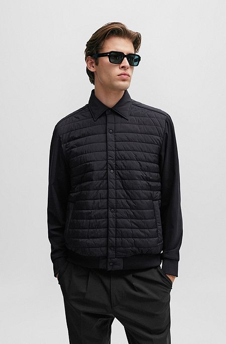 Relaxed-fit overshirt in mixed materials with padding, Black