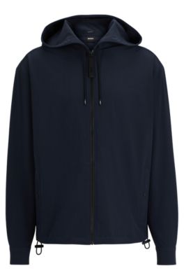 BOSS Zip up relaxed fit hooded shirt in stretch fabric Dark Blue