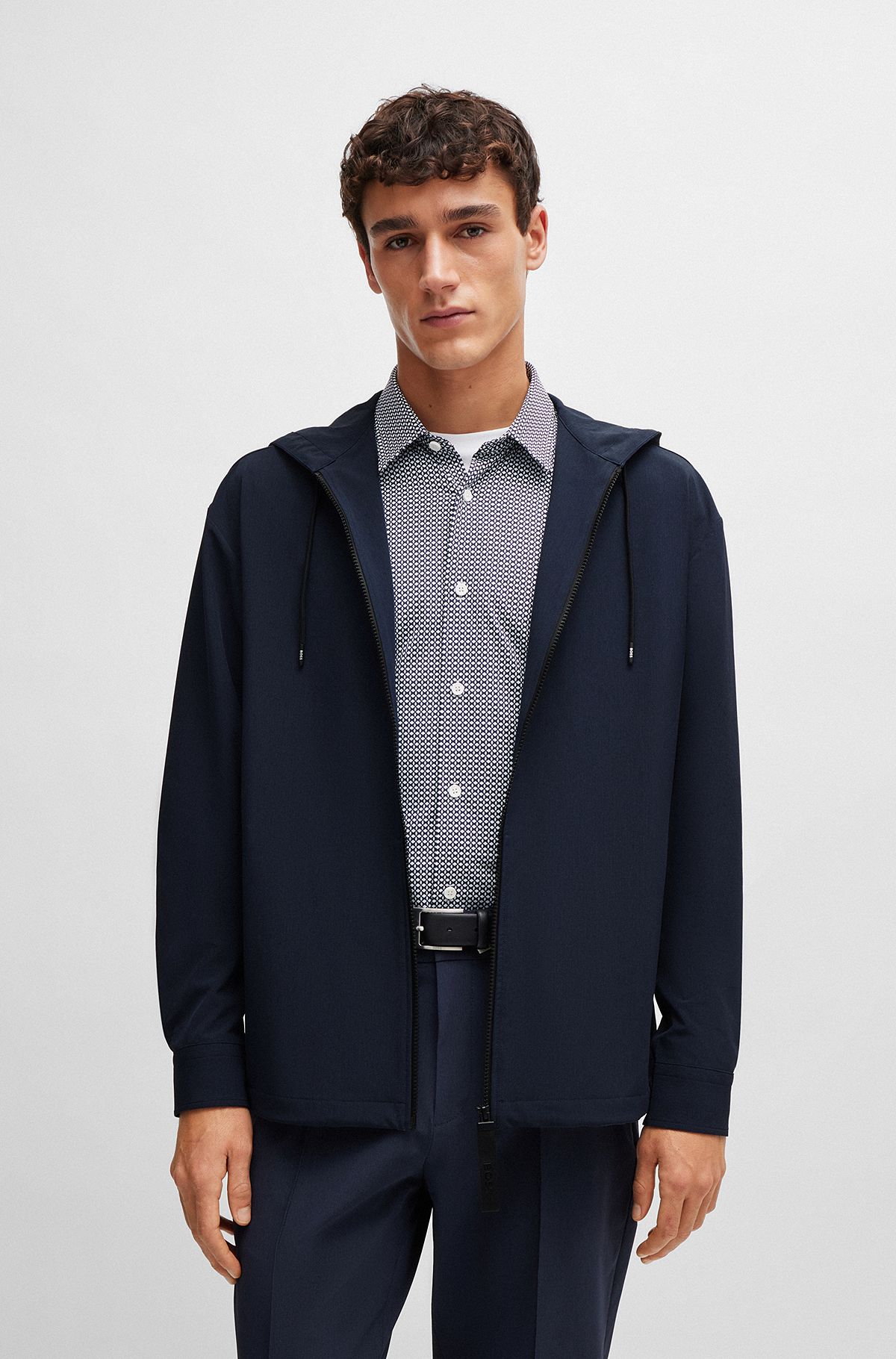 Zip-up relaxed-fit hooded shirt in stretch fabric, Dark Blue