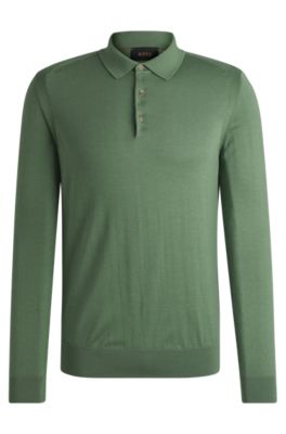 Pull Regular en laine, soie et cachemire avec col polo, Vert