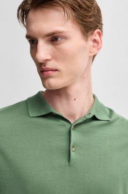 Pull Regular en laine, soie et cachemire avec col polo, Vert