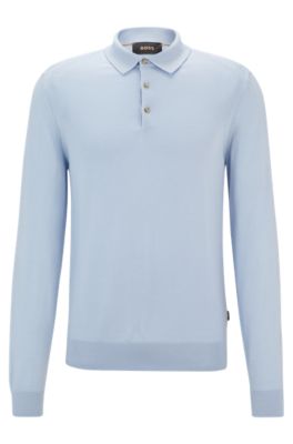 Shop Hugo Boss Regular-fit Polo Sweater In Wool, Silk And Cashmere In Light Blue