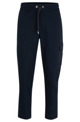 Shop Hugo Boss Mercerized-cotton Tracksuit Bottoms With Insert Details In Dark Blue