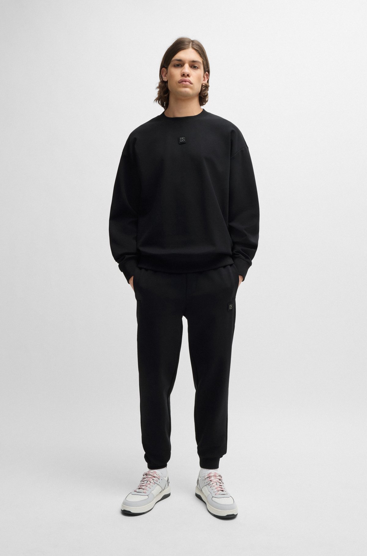 HUGO - Stretch-cotton regular-fit sweatshirt with stacked HUGO - Stretch-cotton regular-fit sweatshirt with stacked