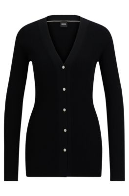 BOSS - Ribbed cardigan with metal buttons and V-neckline - Black