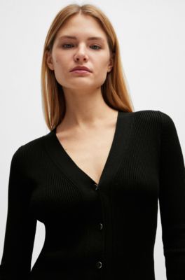 Ribbed cardigan with metal buttons and V-neckline, Black
