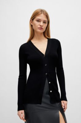 Ribbed cardigan with metal buttons and V-neckline, Black