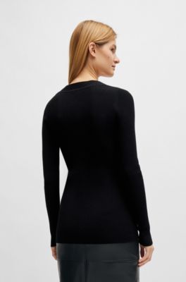 Ribbed cardigan with metal buttons and V-neckline, Black