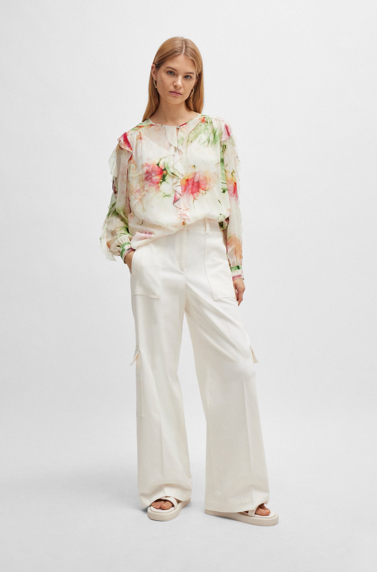BOSS - Printed blouse in crinkle crepe with frilled trim BOSS - Printed blouse in crinkle crepe with frilled trim