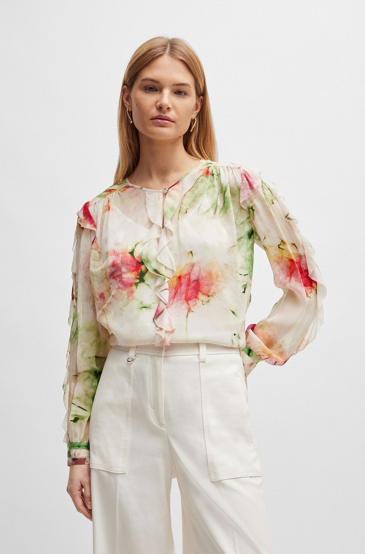 Printed blouse in crinkle crepe with frilled trim, Patterned