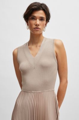 Vestido de mezcla de materiales con falda plisada, Beige claro