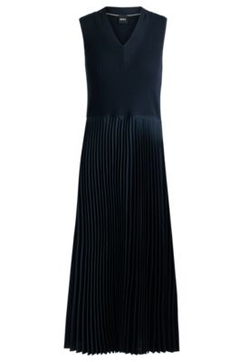 Hugo Boss Boss Farara Mixed Media Sleeveless Pleated Dress In Dark Blue