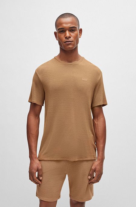 T-shirt de pyjama en jersey de coton stretch à logo brodé, Beige
