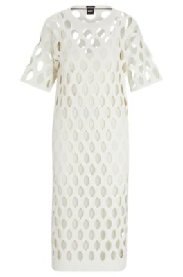 Shop Hugo Boss Open-structured Dress With Inner Slip And Short Sleeves In White