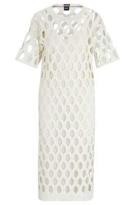 Hugo Boss Open-structured Dress With Inner Slip And Short Sleeves In White