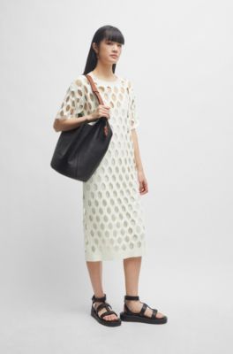 Open-structured dress with inner slip and short sleeves, White