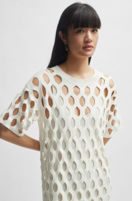 Open-structured dress with inner slip and short sleeves, White