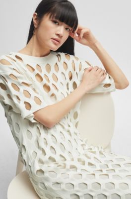 Open-structured dress with inner slip and short sleeves, White