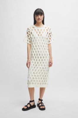Open-structured dress with inner slip and short sleeves, White