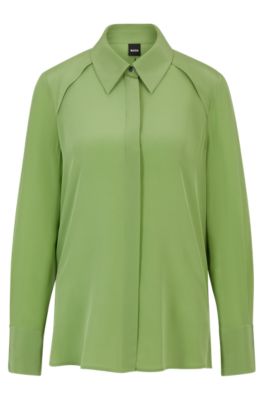 Shop Hugo Boss Long-sleeved Blouse In Washed Silk In Light Green