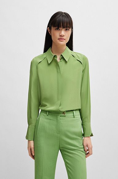 Long-sleeved blouse in washed silk, Light Green
