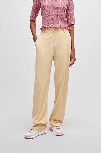 Regular-fit trousers in stretch fabric with wide leg, Light Beige
