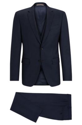 Traje con chaleco slim fit de lana el&aacute;stica con dibujo, Azul oscuro