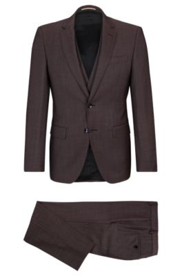 Hugo Boss Three-piece Slim-fit Suit In Patterned Stretch Wool In Dark Red