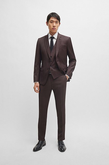 Three-piece slim-fit suit in patterned stretch wool, Dark Red