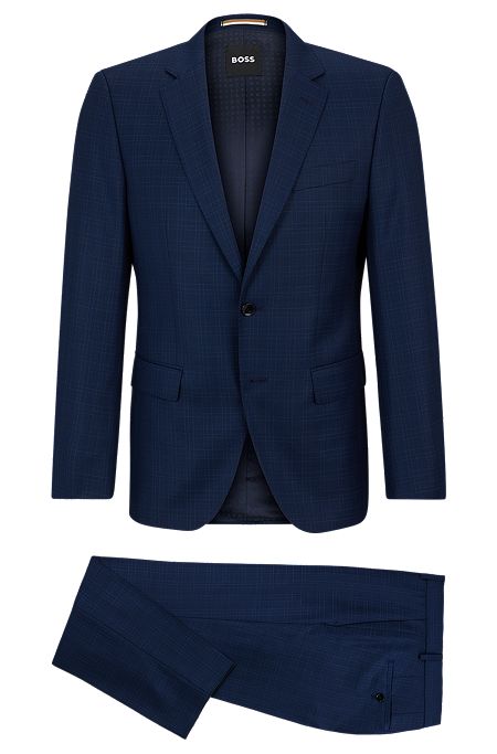 Slim-fit suit in checked virgin-wool serge, Dark Blue