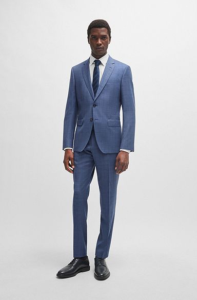 Slim-fit suit in checked virgin-wool serge, Blue