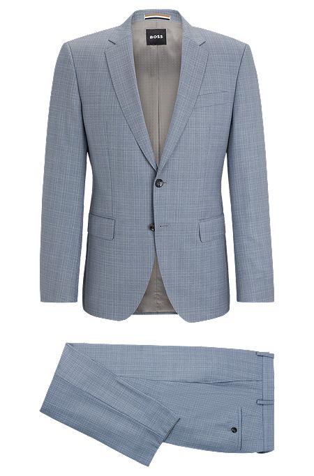 Slim-fit suit in checked virgin-wool serge, Light Blue