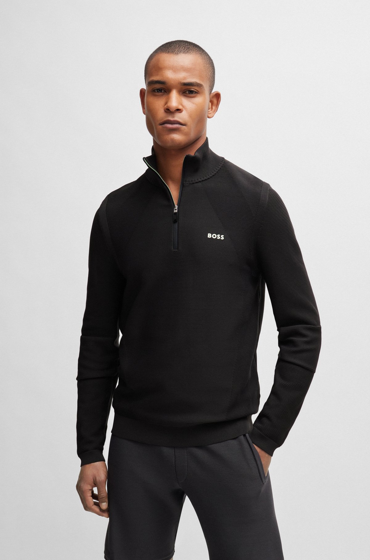 BOSS - Zip-neck sweater in stretch fabric with contrast logo BOSS - Zip-neck sweater in stretch fabric with contrast logo