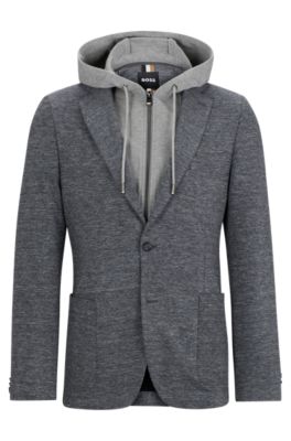 Shop Hugo Boss Slim-fit Jacket In Stretch Jersey With Detachable Hood In Silver