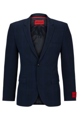 Hugo Extra-slim-fit Jacket In Checked Performance-stretch Fabric In Blue