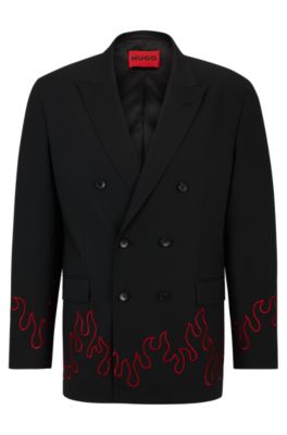Shop Hugo Modern-fit Double-breasted Jacket With Flame Embroidery In Black