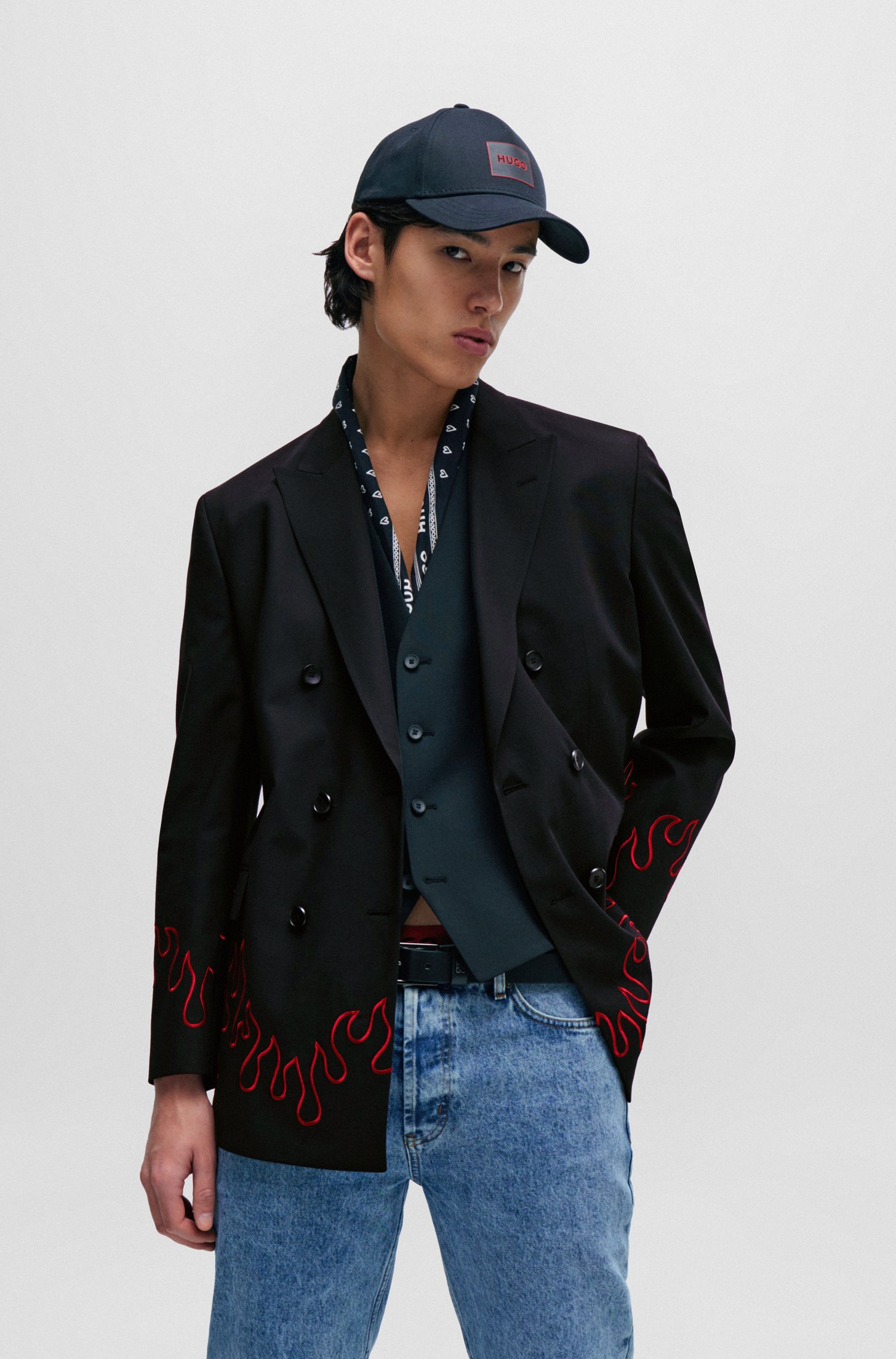 Modern-fit double-breasted jacket with flame embroidery